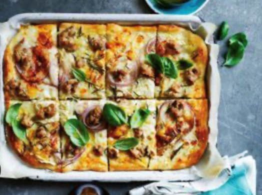 One-tray pizza with sausage and Taleggio