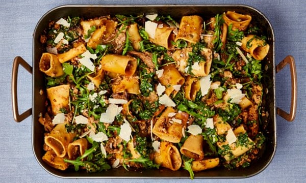 One-tray pork and mushroom pasta