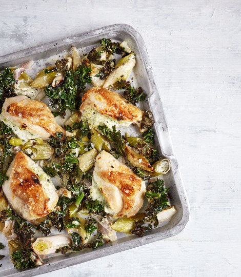 One-tray roast chicken with pesto stuffing and greens
