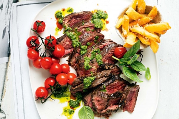 Onglet steak with salsa verde and Parmesan chips