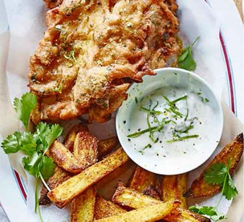Onion bhaji fish and chips