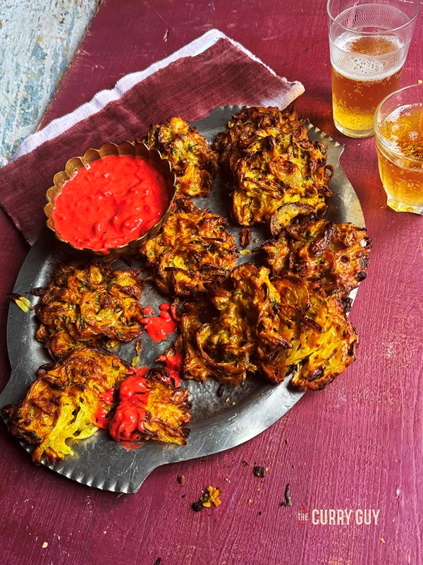 Onion bhajis with pakora sauce
