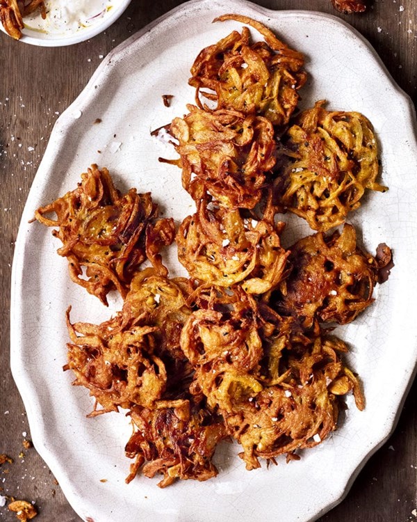 Onion bhajis with yogurt and goat's cheese dip