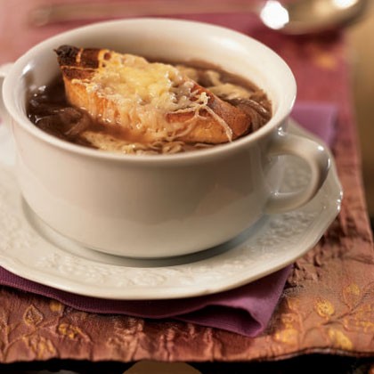 Onion soup with cheese crostini