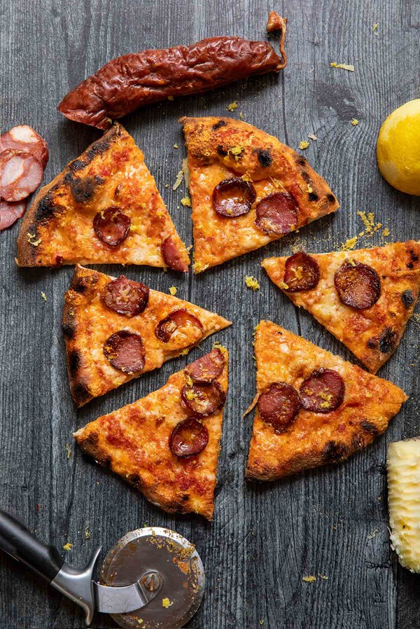 Ooni pizza with Portuguese sausage and cheese