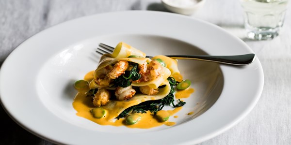 Open crayfish and spinach lasagne