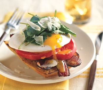 Open-face bacon-and-egg sandwiches with arugula