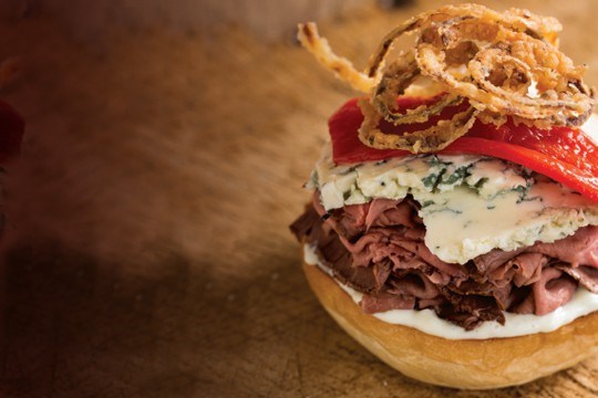 Open-face beef and blue cheese sandwich with crispy onion topping