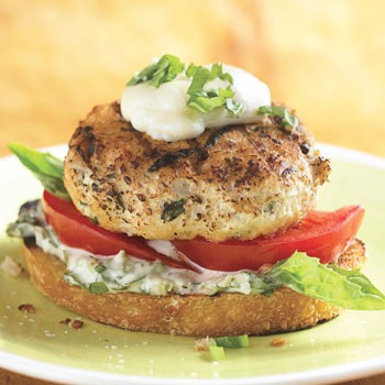 Open-face chicken burgers with basil mayonnaise
