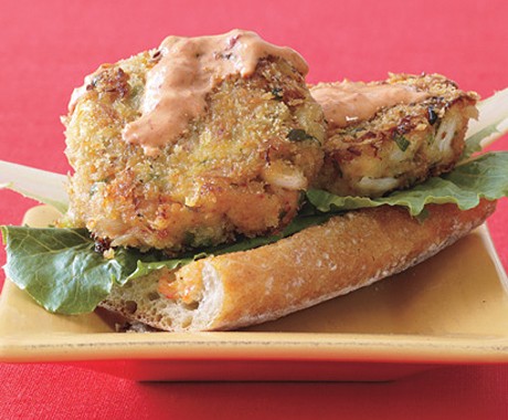 Open-face crab burgers with red pepper dressing