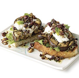 Open-face grilled eggplant sandwiches with olive-walnut relish