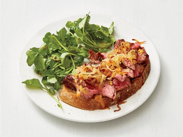Open-face steak and onion sandwiches