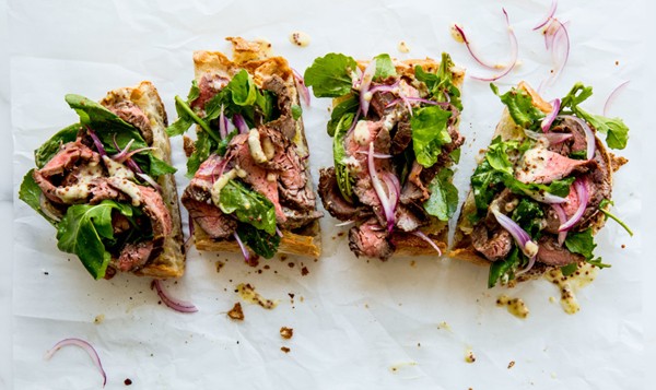 Open-face steak sandwich with Parmesan dressing