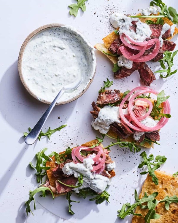 Open face steak sandwiches with chimi labneh