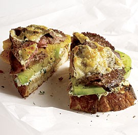 Open-face steak sandwiches with herbed goat cheese and tomatoes
