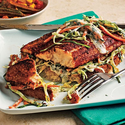 Open-faced blackened catfish sandwiches with stewed okra and fresh tomato
