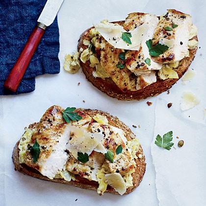 Open-faced chicken sandwiches with artichoke pesto
