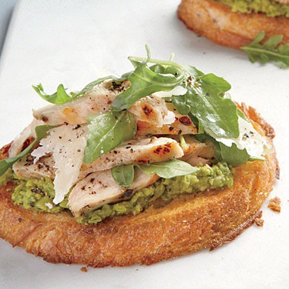 Open-faced chicken sandwiches with green-pea spread and Parmesan