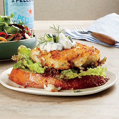 Open-faced crab cake sandwiches with tzatziki
