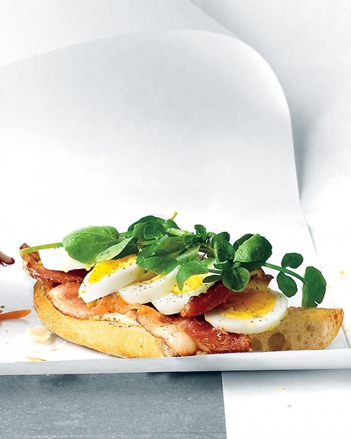 Open-faced egg, bacon and watercress sandwich