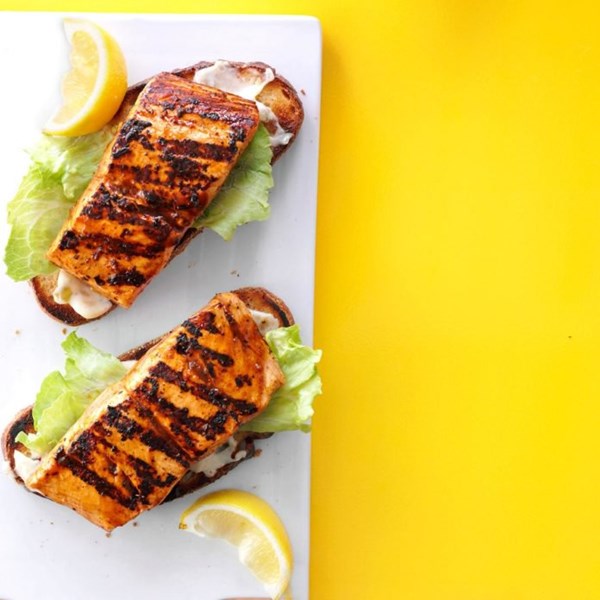 Open-faced grilled salmon sandwiches