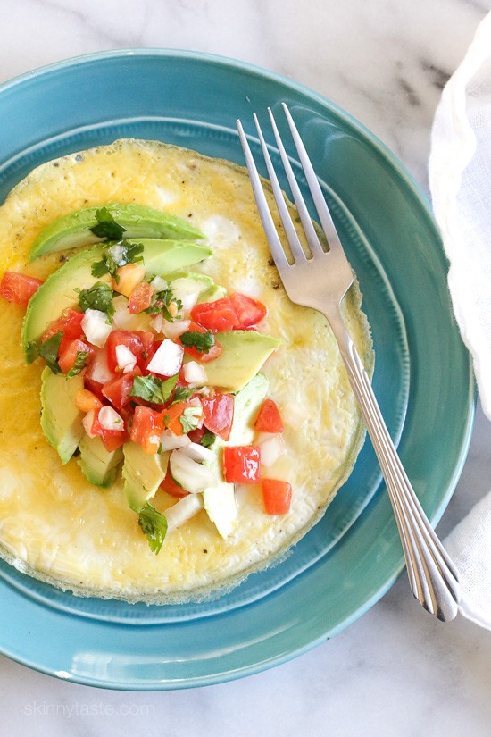 Open-faced omelet with avocado and pico de gallo