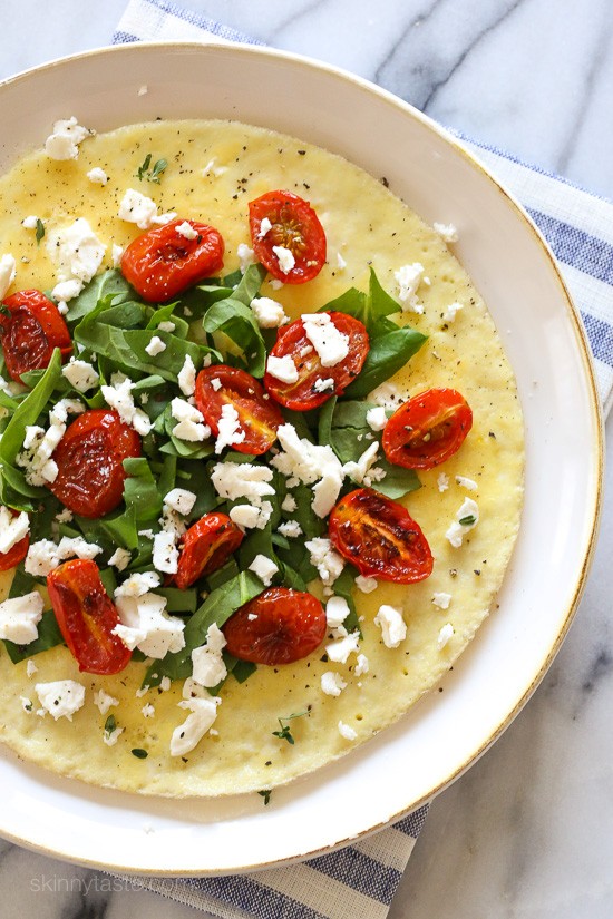 Open-faced omelet with feta, roasted tomatoes and spinach