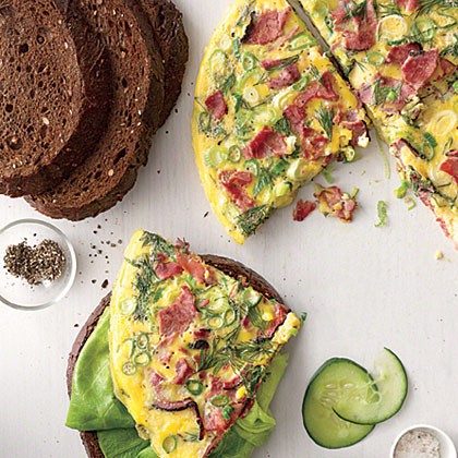 Open-faced pastrami omelet on pumpernickel