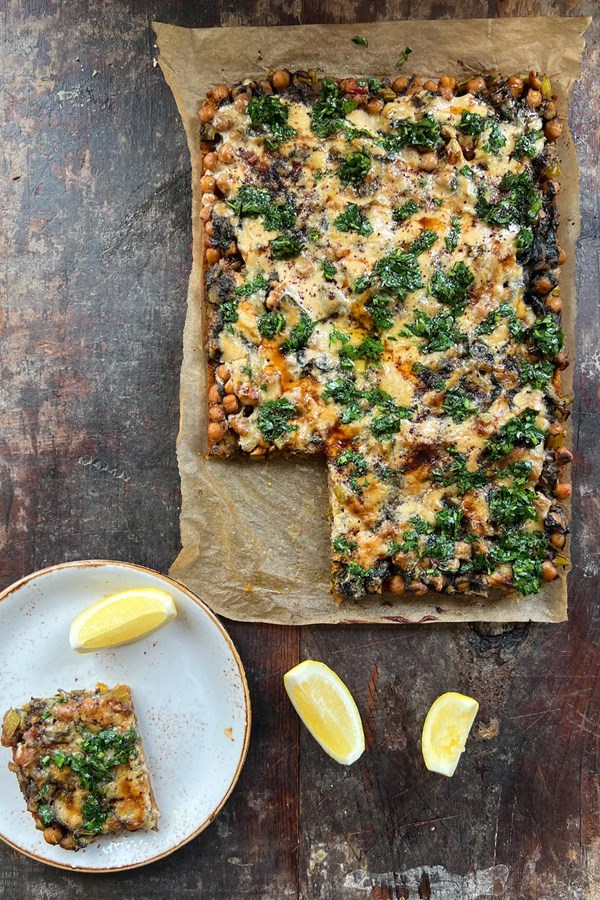Open-faced pumpkin kibbeh with lemony Swiss chard