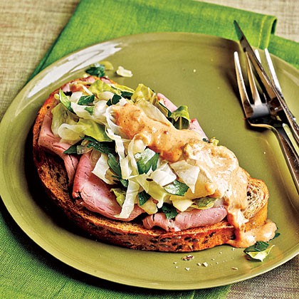 Open-faced roast beef sandwiches with braised cabbage slaw and Russian dressing