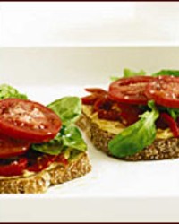 Open-faced roasted pepper and hummus sandwiches