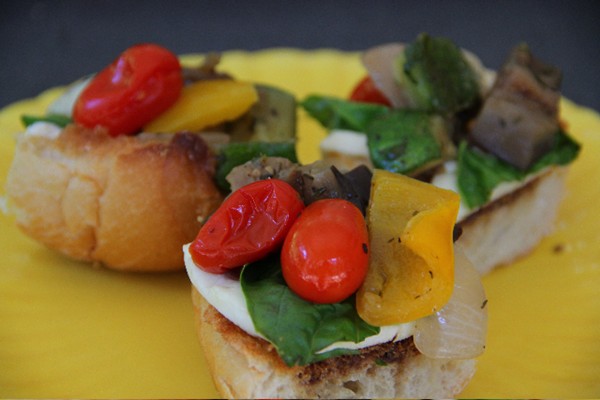Open-faced roasted ratatouille and mozzarella sandwich