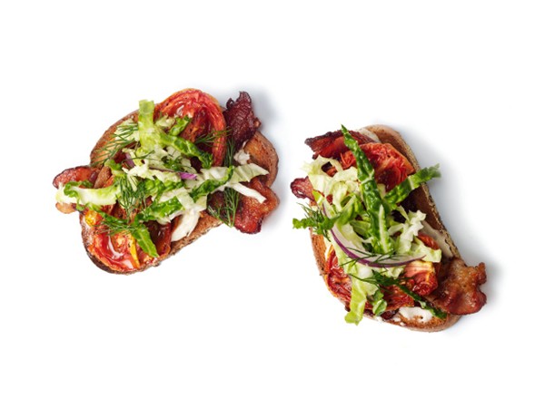 Open-faced roasted tomato BLTs