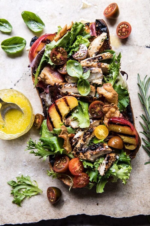 Open faced rosemary chicken, peach, and bacon sandwich