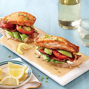 Open-faced salmon and avocado BLTs