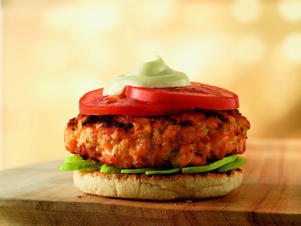 Open-faced salmon burgers with wasabi mayo