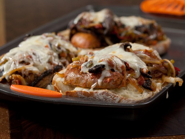 Open-faced sausage, 3-pepper & mushroom sandwiches with provolone
