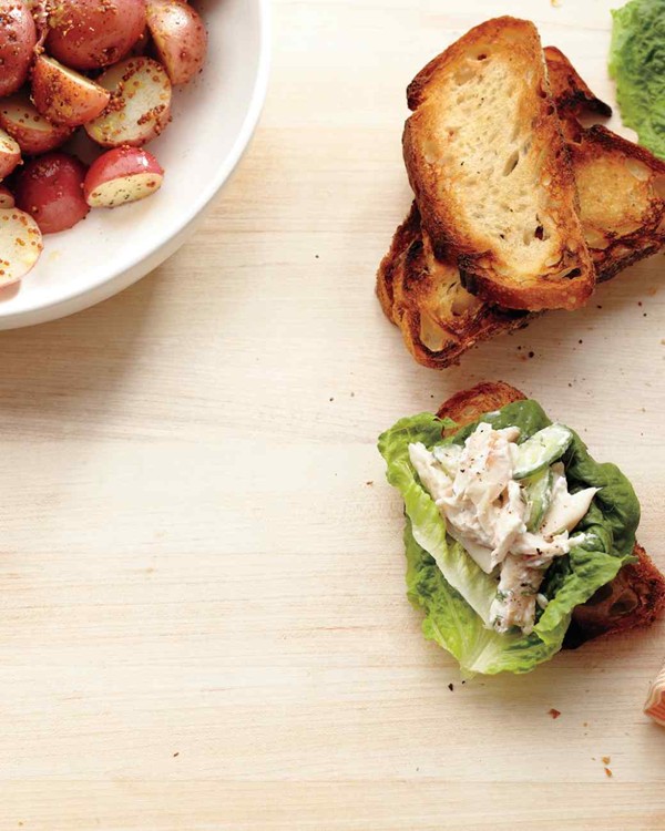 Open-faced trout sandwiches with mustard potatoes