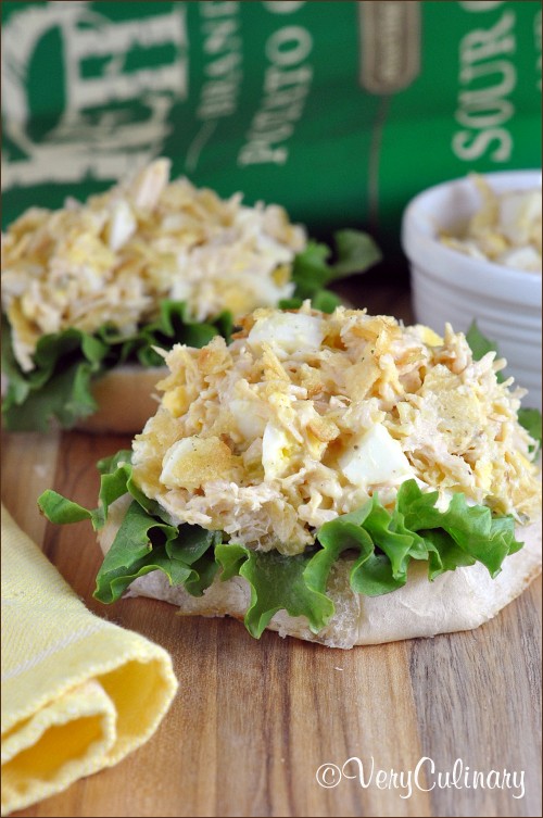 Open-faced tuna and egg salad with kettle chips
