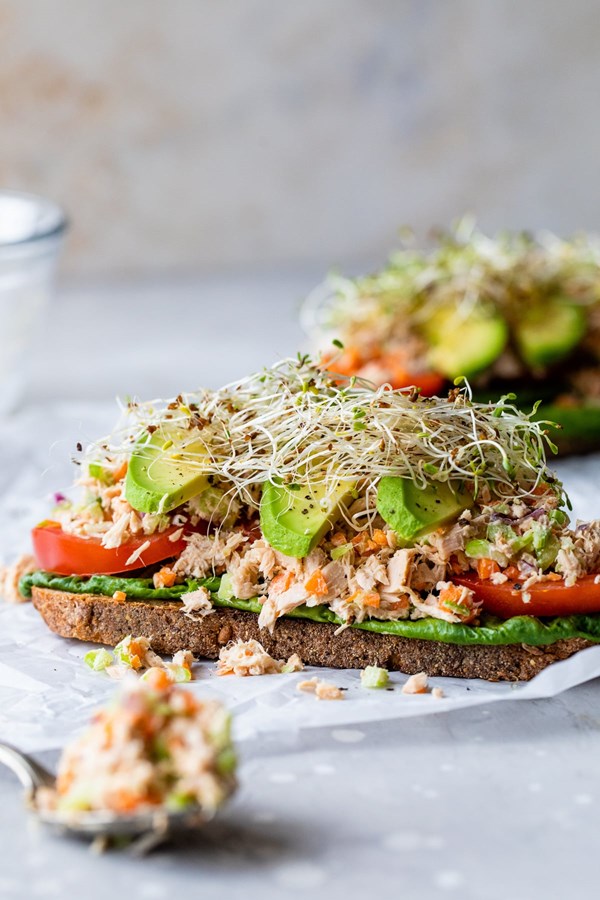 Open faced tuna sandwich with avocado 