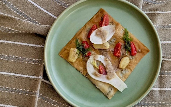 Open fillo sandwich with anchovy sauce