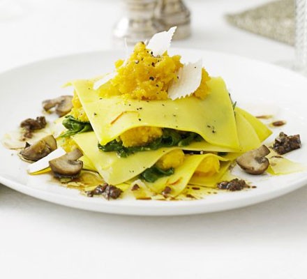 Open ravioli with squash & mushrooms