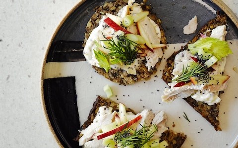 Open rye sandwich with turkey, apple, celery, dill and mustard cream