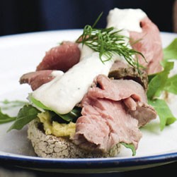 Open steak sandwiches with walnut butter and horseradish cream