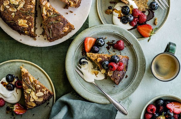 Orange & almond seed cake with berries & Greek yogurt
