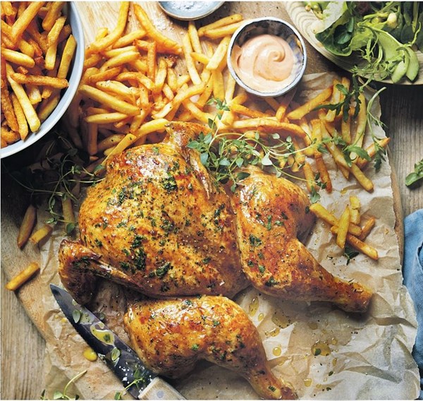Orange & herb butter spatchcock chicken, with cheat's sriracha aïoli