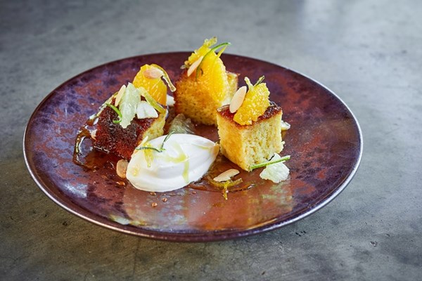 Orange almond cake with citrus crème fraiche and citrus salad