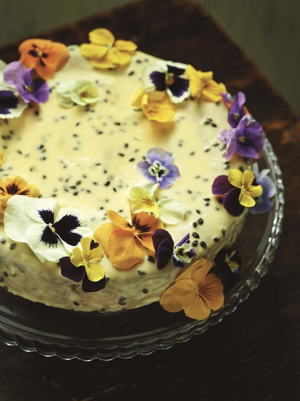 Orange almond cake with passion fruit icing