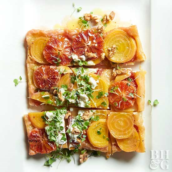 Orange and beet upside-down tart