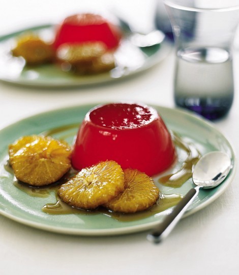 Orange and Campari jellies with caramelised vanilla oranges. 